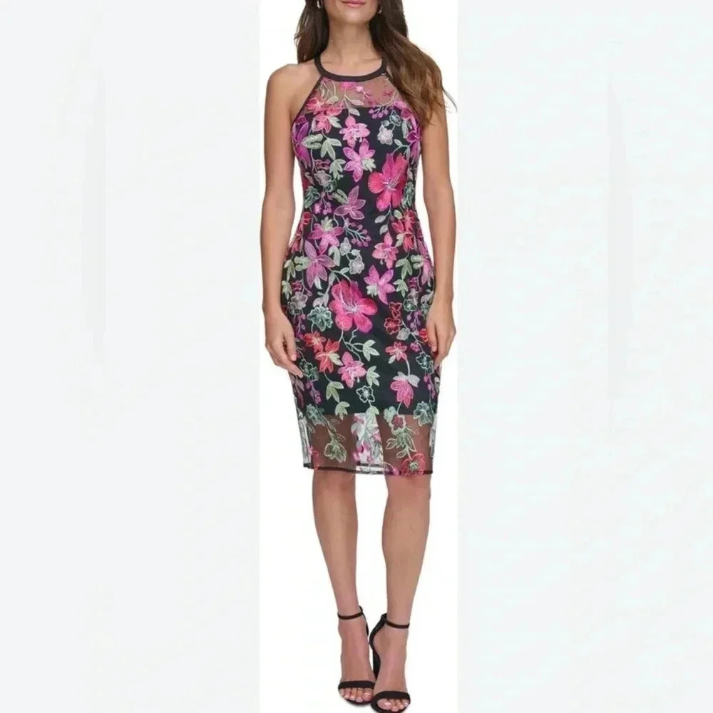 GUESS Embroidered-Floral Mesh Sheath‎ Midi Colorful Springtime Dress Size 12 NEW